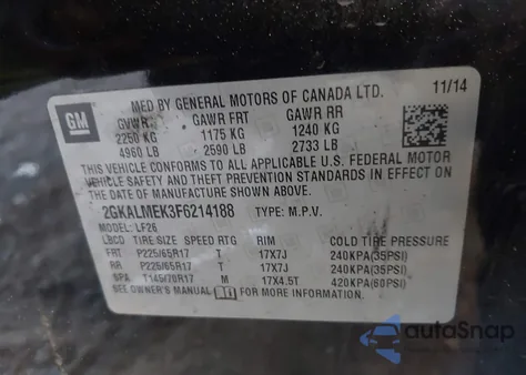 2015 GMC Terrain Sle-1 from USA, damaged, VIN 2GKALMEK3F6214188